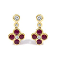 14k yellow gold ruby and 1/10 cttw diamond floral dangle earrings bijoux-nyc direct