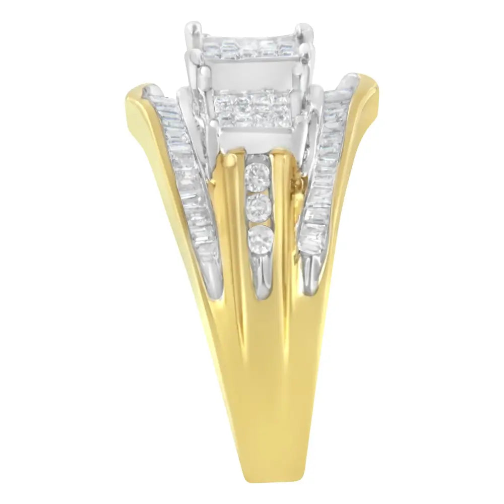 14kt two-tone gold 1ctw diamond cluster ring with baguette and princess cuts bijoux-nyc direct