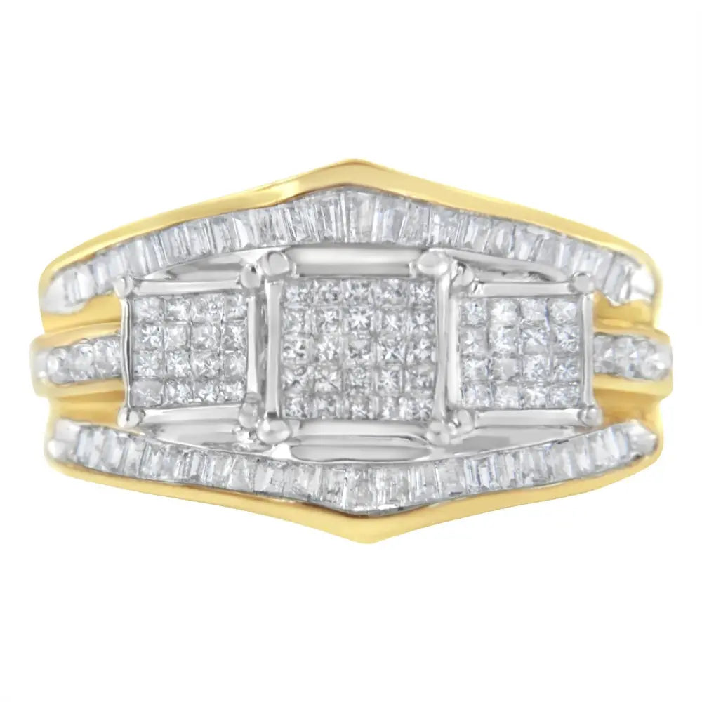 14kt two-tone gold 1ctw diamond cluster ring with baguette and princess cuts bijoux-nyc direct