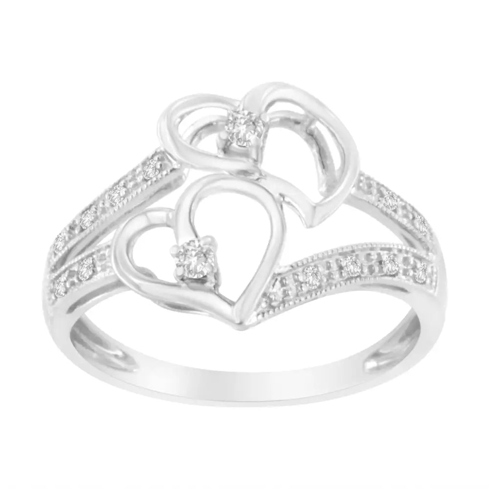 14kt white gold 1/10 cttw diamond milgrain twin heart ring bijoux-nyc direct
