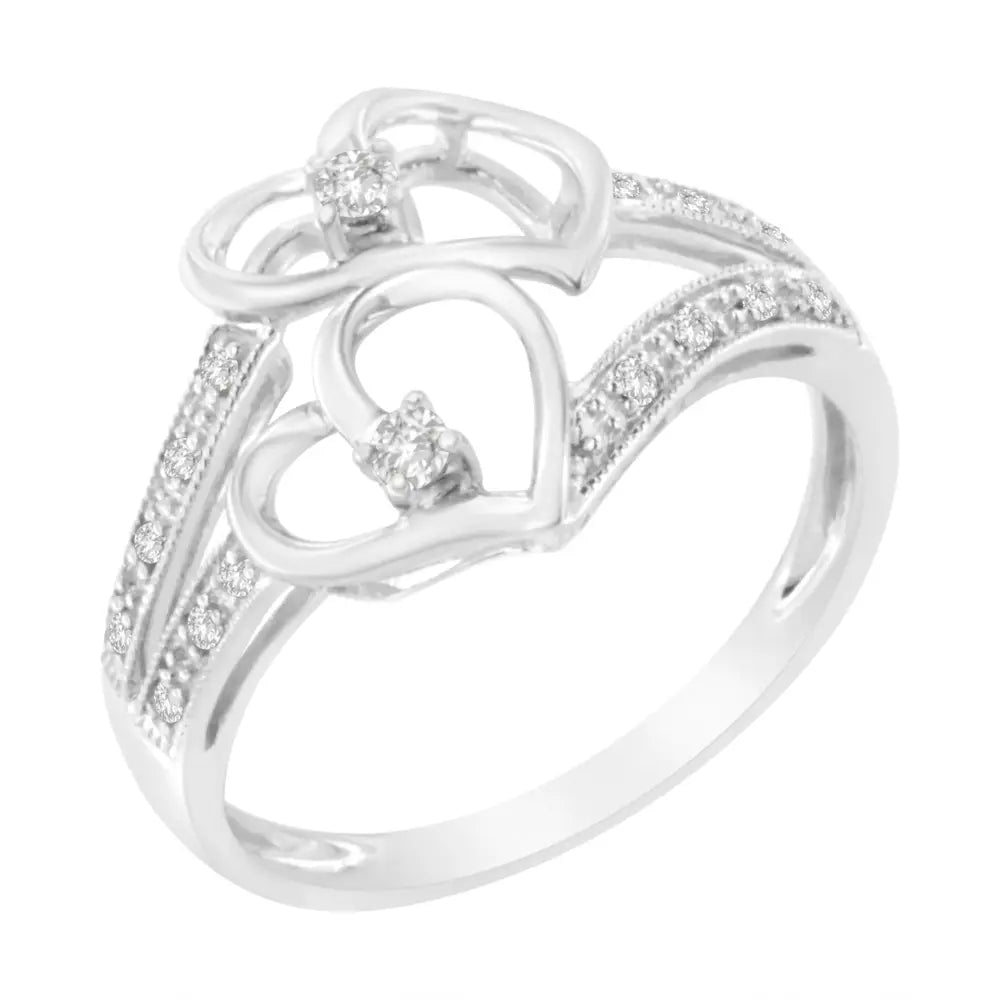 14kt white gold 1/10 cttw diamond milgrain twin heart ring bijoux-nyc direct