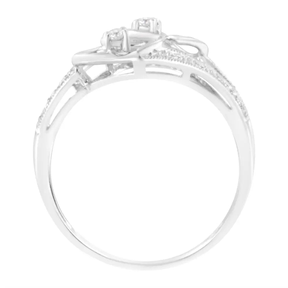 14kt white gold 1/10 cttw diamond milgrain twin heart ring bijoux-nyc direct
