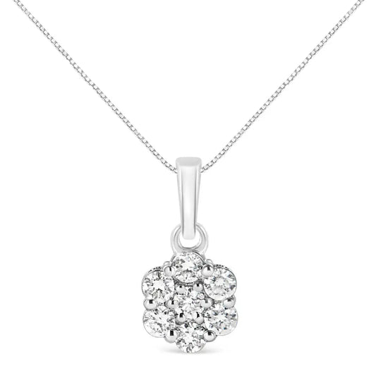 14KT White Gold 1/2 cttw Diamond Floral Cluster Pendant Necklace (HI, SI2-I1) - Bijoux-NYC Direct