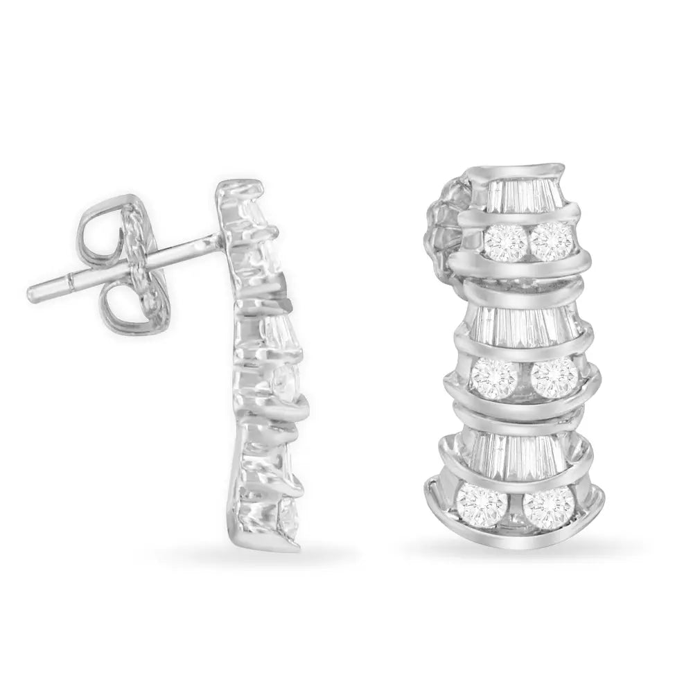 14k white gold 7/8 cttw baguette and round diamond multi row earrings bijoux-nyc direct