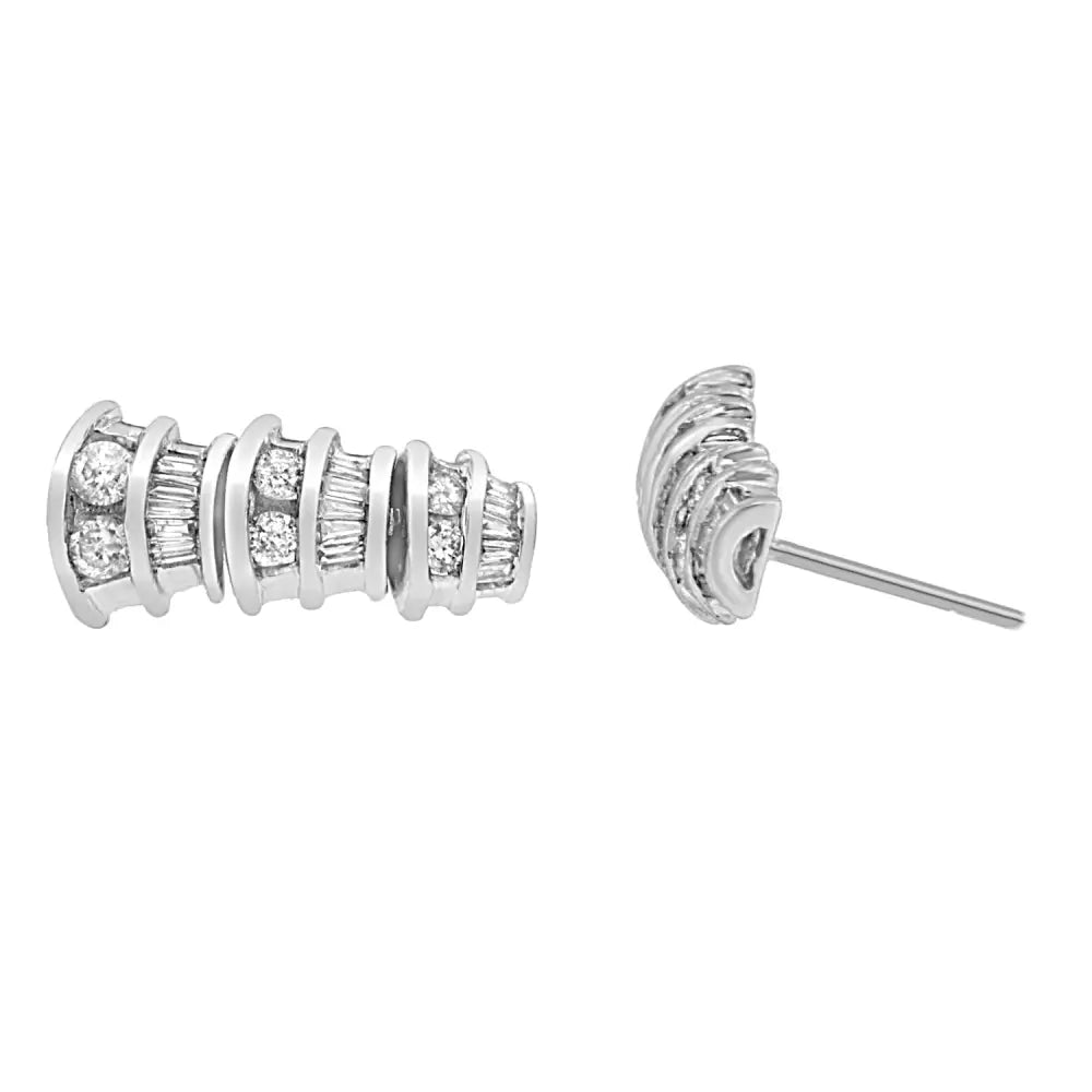 14k white gold 7/8 cttw baguette and round diamond multi row earrings bijoux-nyc direct