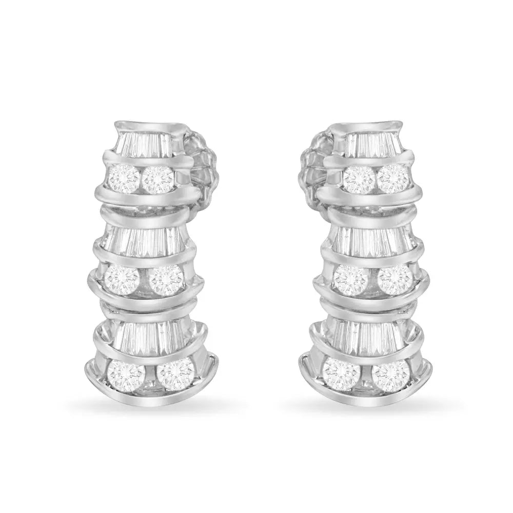14k white gold 7/8 cttw baguette and round diamond multi row earrings bijoux-nyc direct