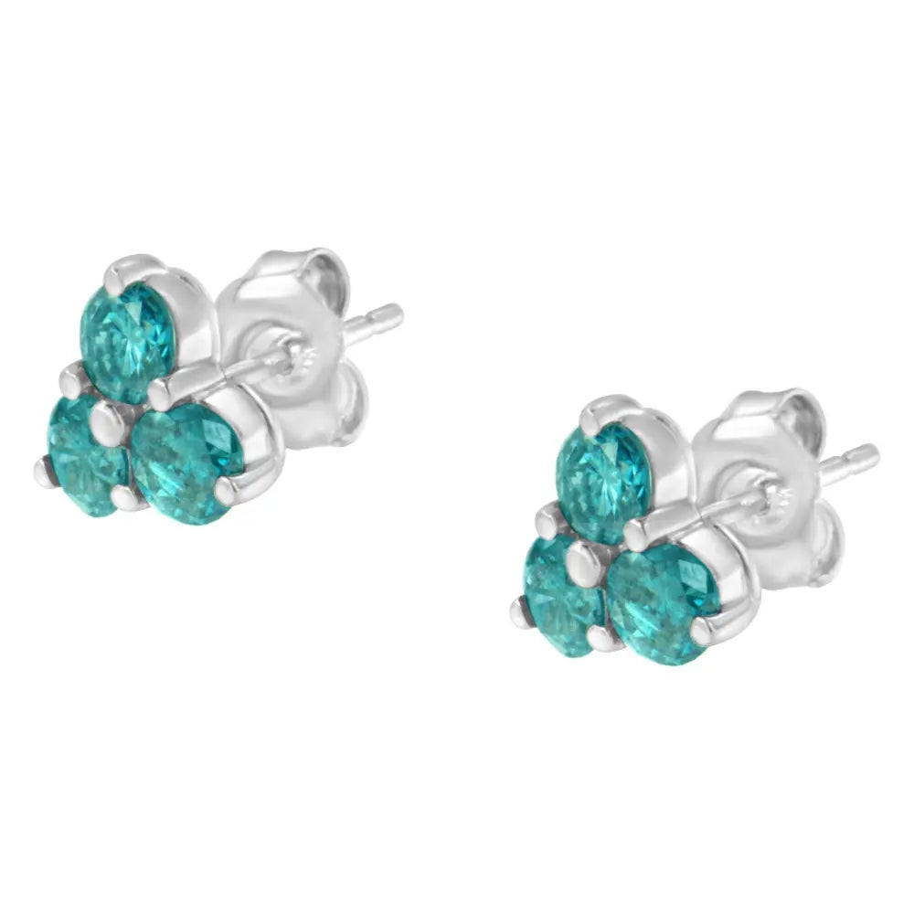 14KT White Gold Treated Blue Diamond Trio Stud Earrings (1 1/3 cttw, Blue) - Bijoux-NYC Direct