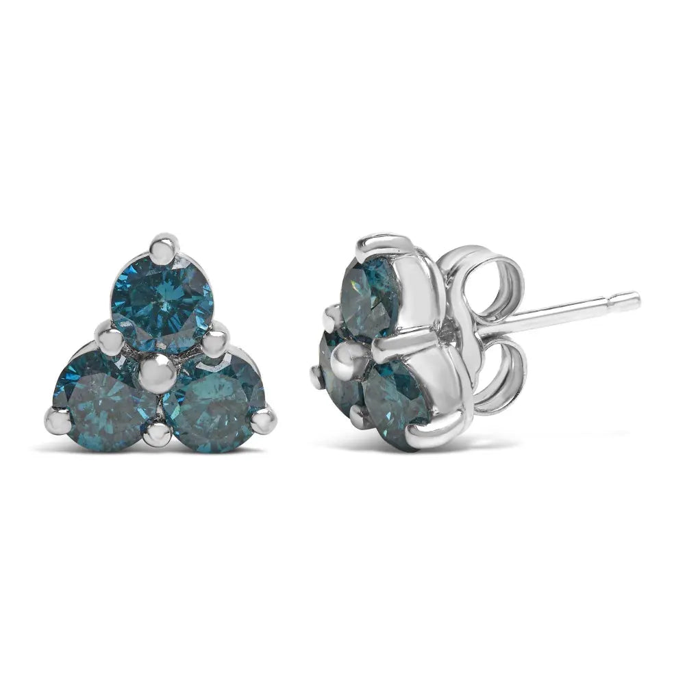 14KT White Gold Treated Blue Diamond Trio Stud Earrings (1 1/3 cttw, Blue) - Bijoux-NYC Direct