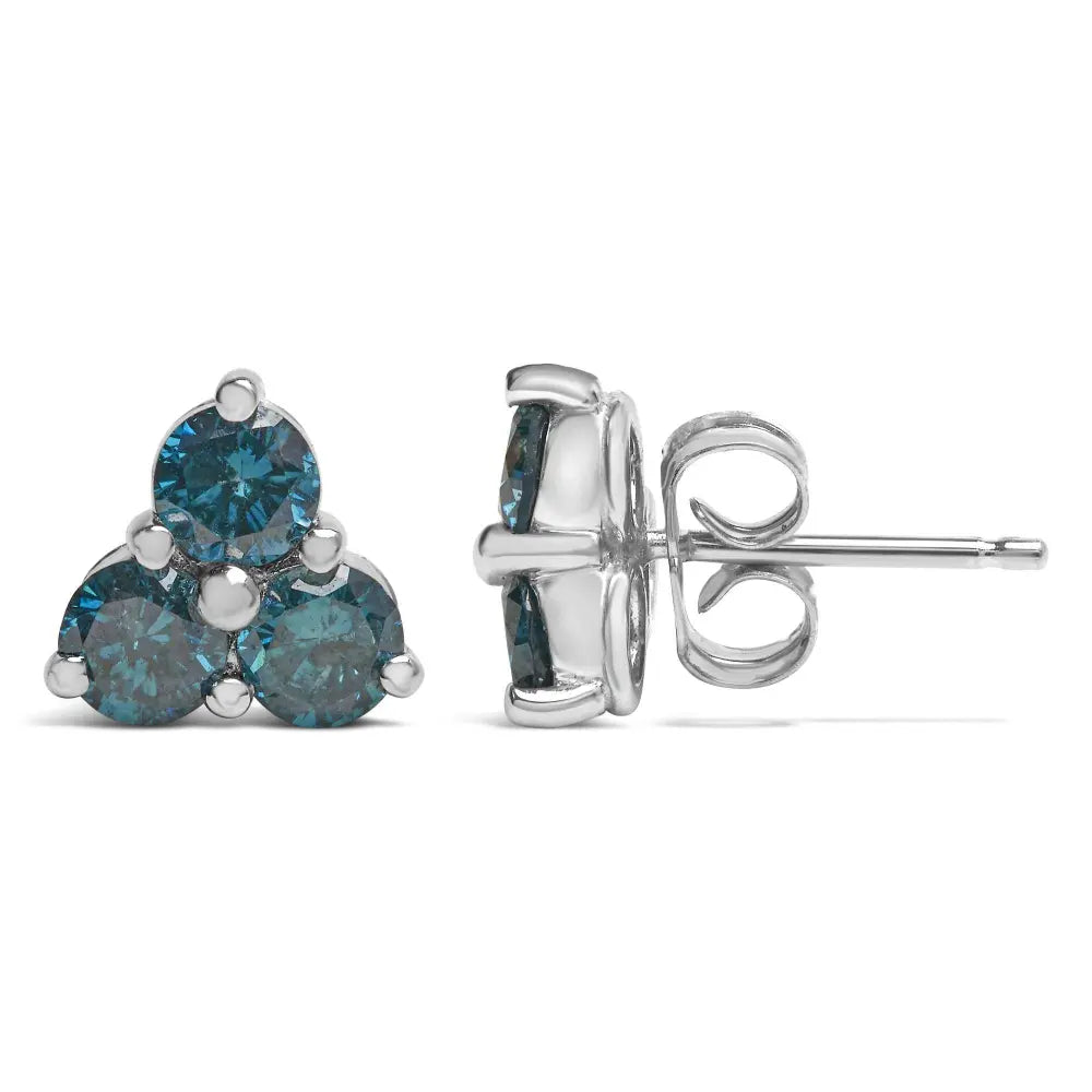 14KT White Gold Treated Blue Diamond Trio Stud Earrings (1 1/3 cttw, Blue) - Bijoux-NYC Direct