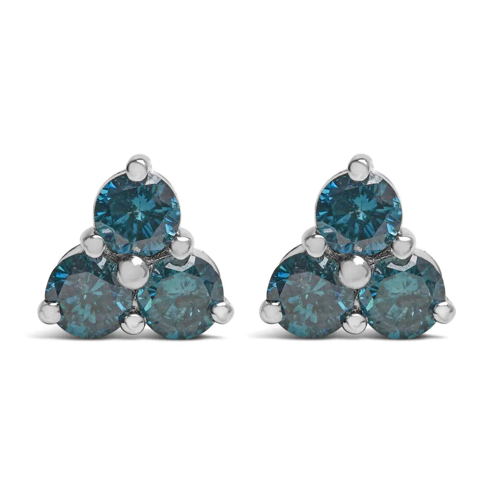 14KT White Gold Treated Blue Diamond Trio Stud Earrings (1 1/3 cttw, Blue) - Bijoux-NYC Direct