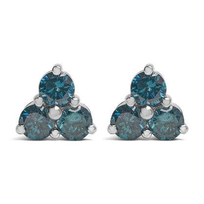 14KT White Gold Treated Blue Diamond Trio Stud Earrings (1 1/3 cttw, Blue) - Bijoux-NYC Direct