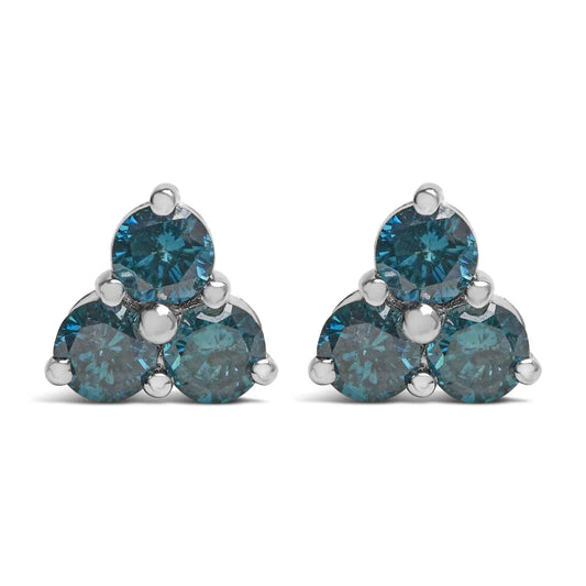 14KT White Gold Treated Blue Diamond Trio Stud Earrings (1 1/3 cttw, Blue) - Bijoux-NYC Direct