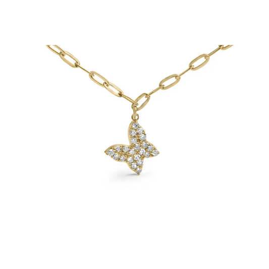 14kt yellow gold 1/2 cttw diamond butterfly station paperclip necklace (i j color i1 i2 clarity) adjustable 15’’ 17’’ inches