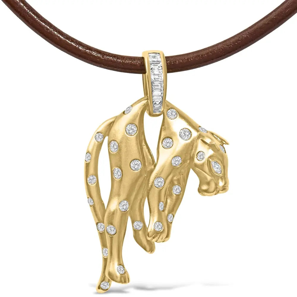 18k gold 1.00 cttw matte diamond cat pendant on 15 inch leather cord bijoux-nyc direct