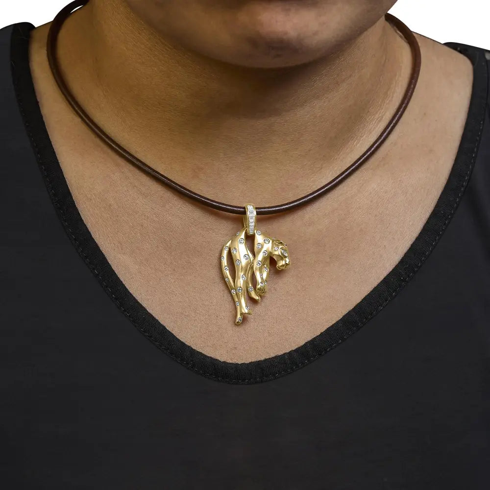 18k gold 1.00 cttw matte diamond cat pendant on 15 inch leather cord bijoux-nyc direct