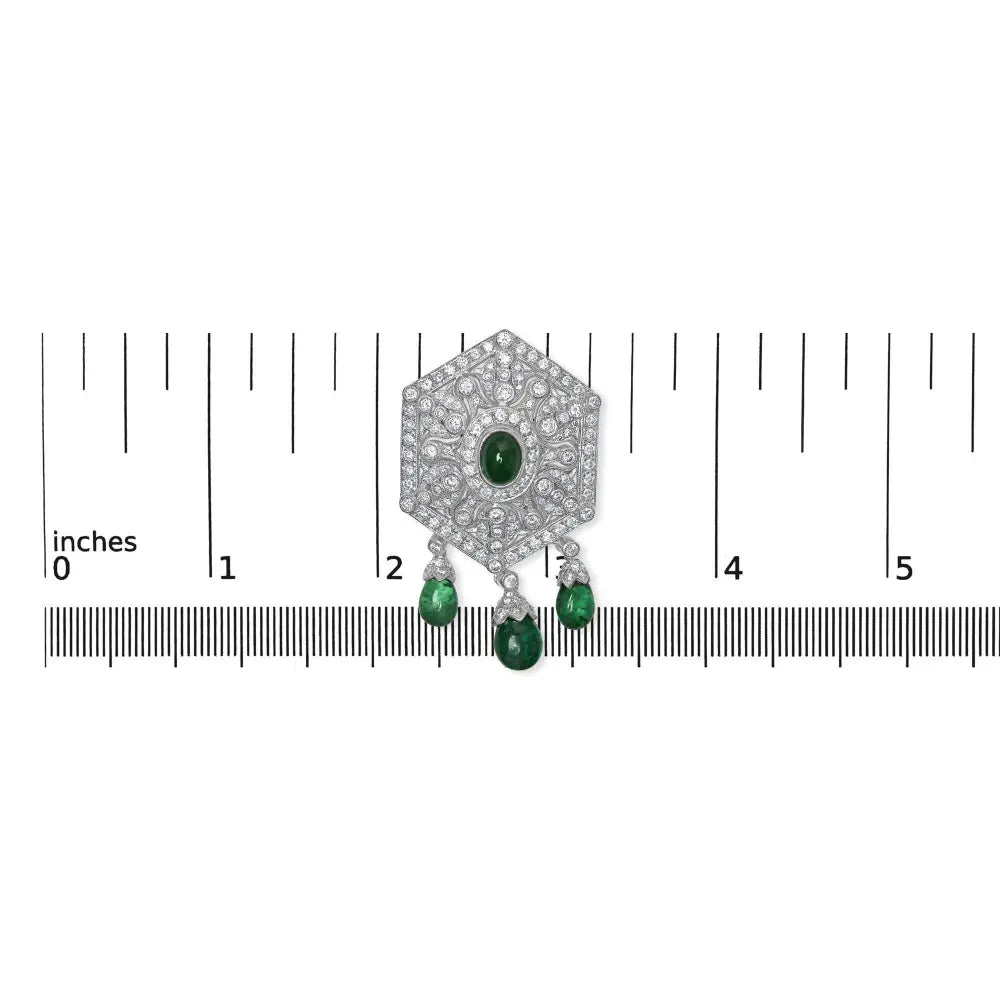18K 2 3/4 Cttw Diamond and Emerald Dangle Art Deco Shield Brooch Pin Pendant (G-H Color, VS1-VS2 Clarity) CHAIN NOT INCLUDED - Bijoux-NYC Direct