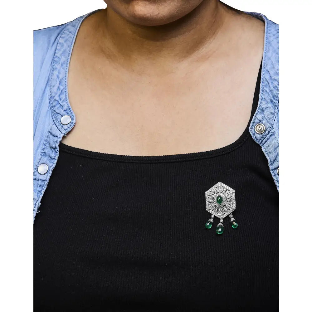 18k white gold 2.75ct diamond and emerald art deco shield brooch pendant bijoux-nyc direct