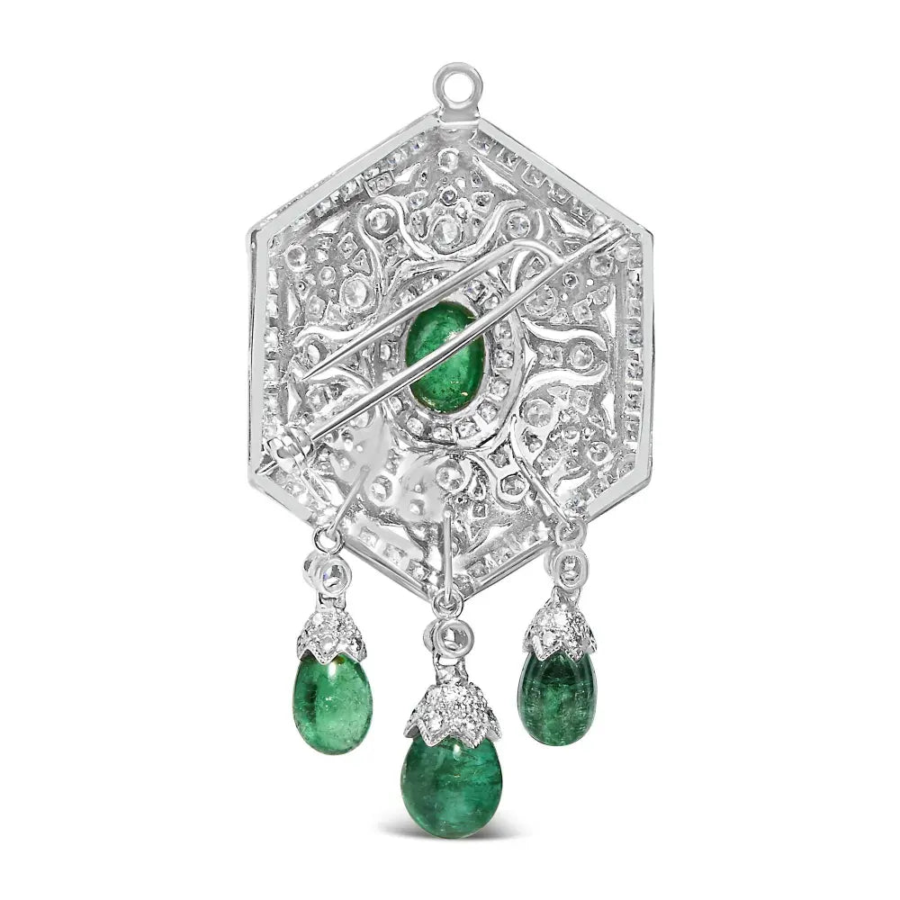 18K 2 3/4 Cttw Diamond and Emerald Dangle Art Deco Shield Brooch Pin Pendant (G-H Color, VS1-VS2 Clarity) CHAIN NOT INCLUDED - Bijoux-NYC Direct