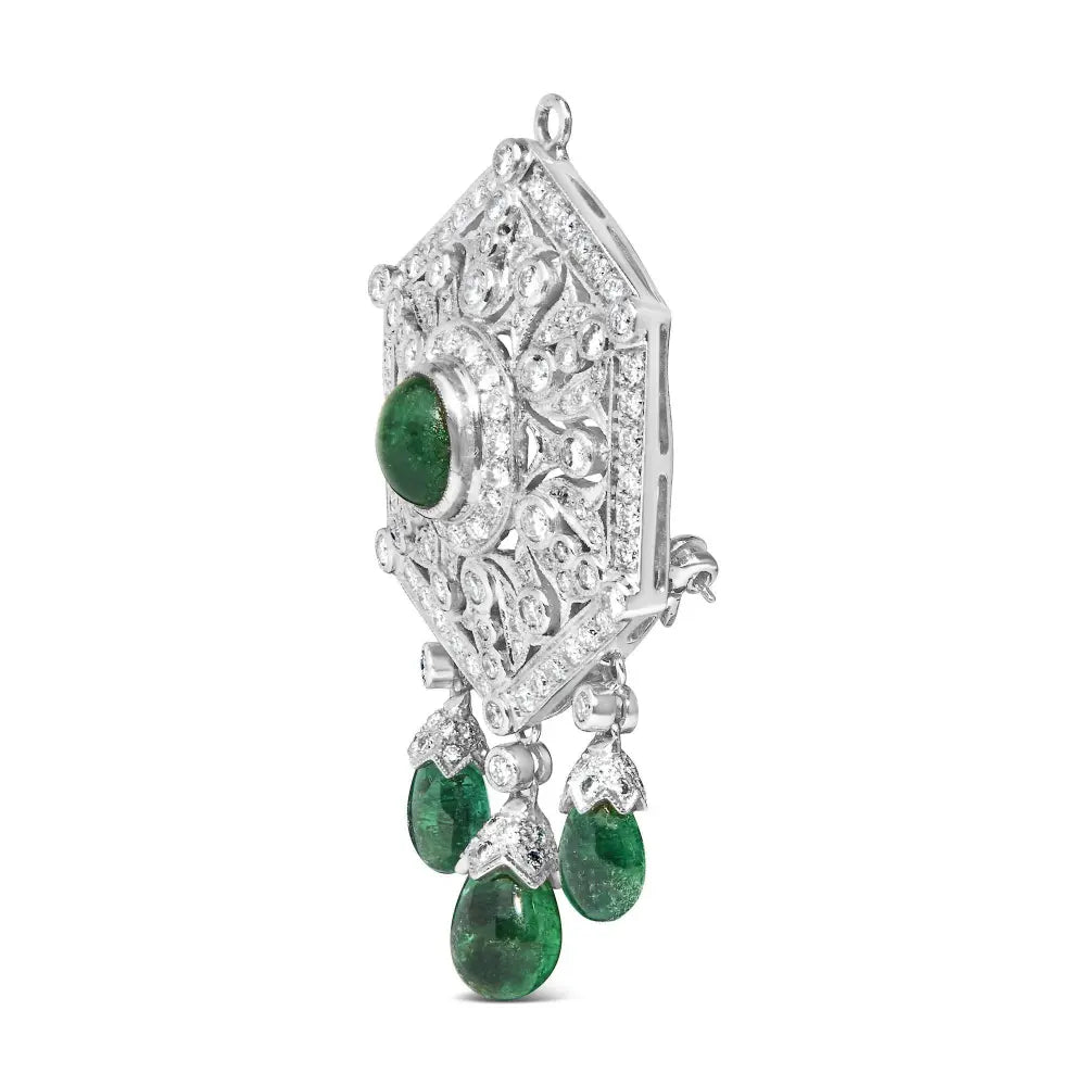 18K 2 3/4 Cttw Diamond and Emerald Dangle Art Deco Shield Brooch Pin Pendant (G-H Color, VS1-VS2 Clarity) CHAIN NOT INCLUDED - Bijoux-NYC Direct