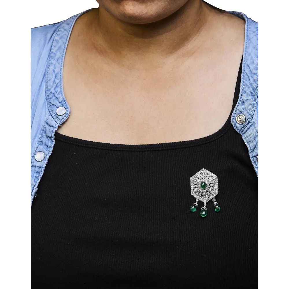 18K 2 3/4 Cttw Diamond and Emerald Dangle Art Deco Shield Brooch Pin Pendant (G-H Color, VS1-VS2 Clarity) CHAIN NOT INCLUDED - Bijoux-NYC Direct