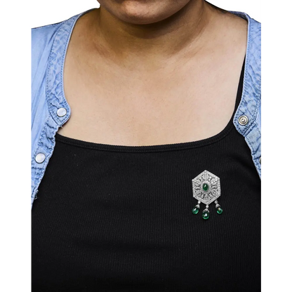 18K 2 3/4 Cttw Diamond and Emerald Dangle Art Deco Shield Brooch Pin Pendant (G-H Color, VS1-VS2 Clarity) CHAIN NOT INCLUDED - Bijoux-NYC Direct