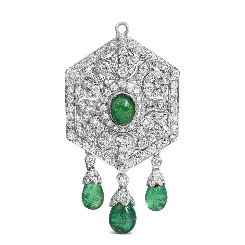 18K 2 3/4 Cttw Diamond and Emerald Dangle Art Deco Shield Brooch Pin Pendant (G-H Color, VS1-VS2 Clarity) CHAIN NOT INCLUDED - Bijoux-NYC Direct