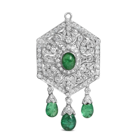18K 2 3/4 Cttw Diamond and Emerald Dangle Art Deco Shield Brooch Pin Pendant (G-H Color, VS1-VS2 Clarity) CHAIN NOT INCLUDED - Bijoux-NYC Direct