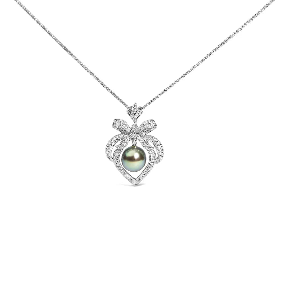 18k 3/4 cttw diamond and 12.5 mm cultured black tahitian pearl heart pendant necklace (g h color si1 si2 clarity) 18’’ inches
