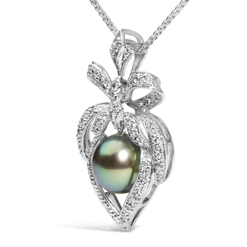 18k 3/4 cttw diamond and 12.5 mm cultured black tahitian pearl heart pendant necklace (g h color si1 si2 clarity) 18’’ inches