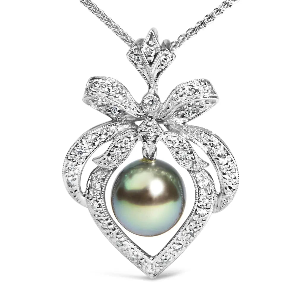 18k 3/4 cttw diamond and 12.5 mm cultured black tahitian pearl heart pendant necklace (g h color si1 si2 clarity) 18’’ inches