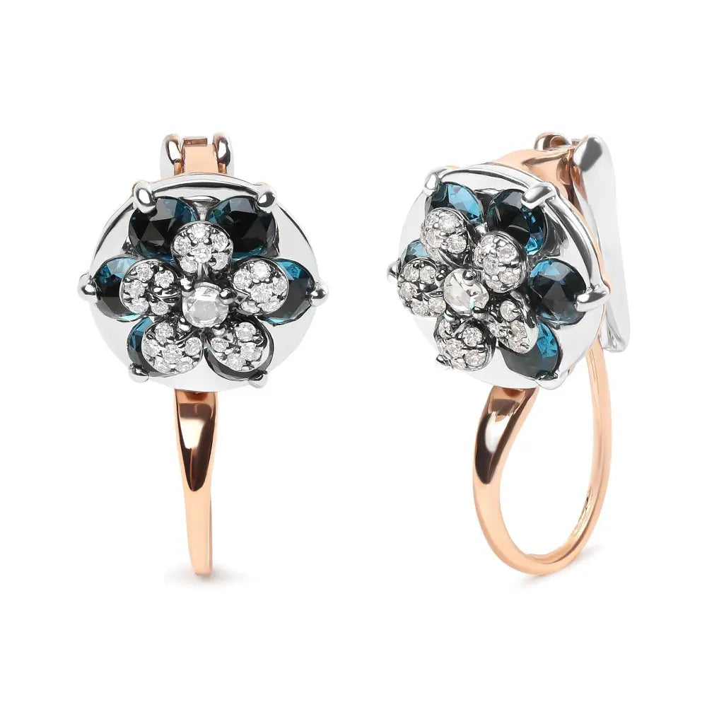 18K Rose and White Gold 1/3 Cttw Round Diamonds and Round London Blue Topaz Gemstone Cluster Floral Drop Hoop Earrings (G-H Color, SI1-SI2 Clarity) - Bijoux-NYC Direct