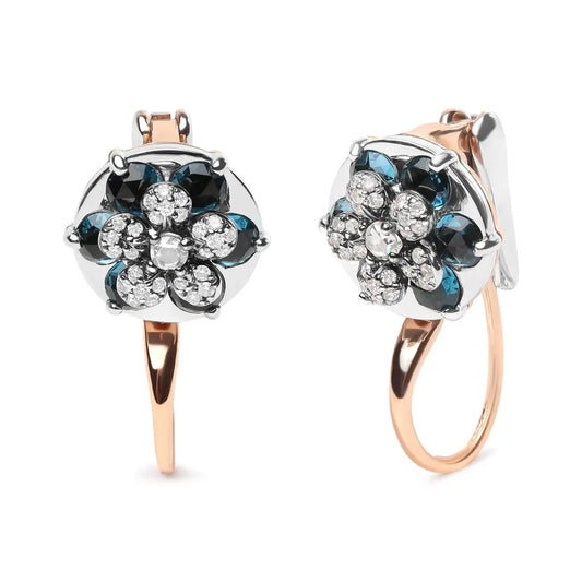 18K Rose and White Gold 1/3 Cttw Round Diamonds and Round London Blue Topaz Gemstone Cluster Floral Drop Hoop Earrings (G-H Color, SI1-SI2 Clarity) - Bijoux-NYC Direct
