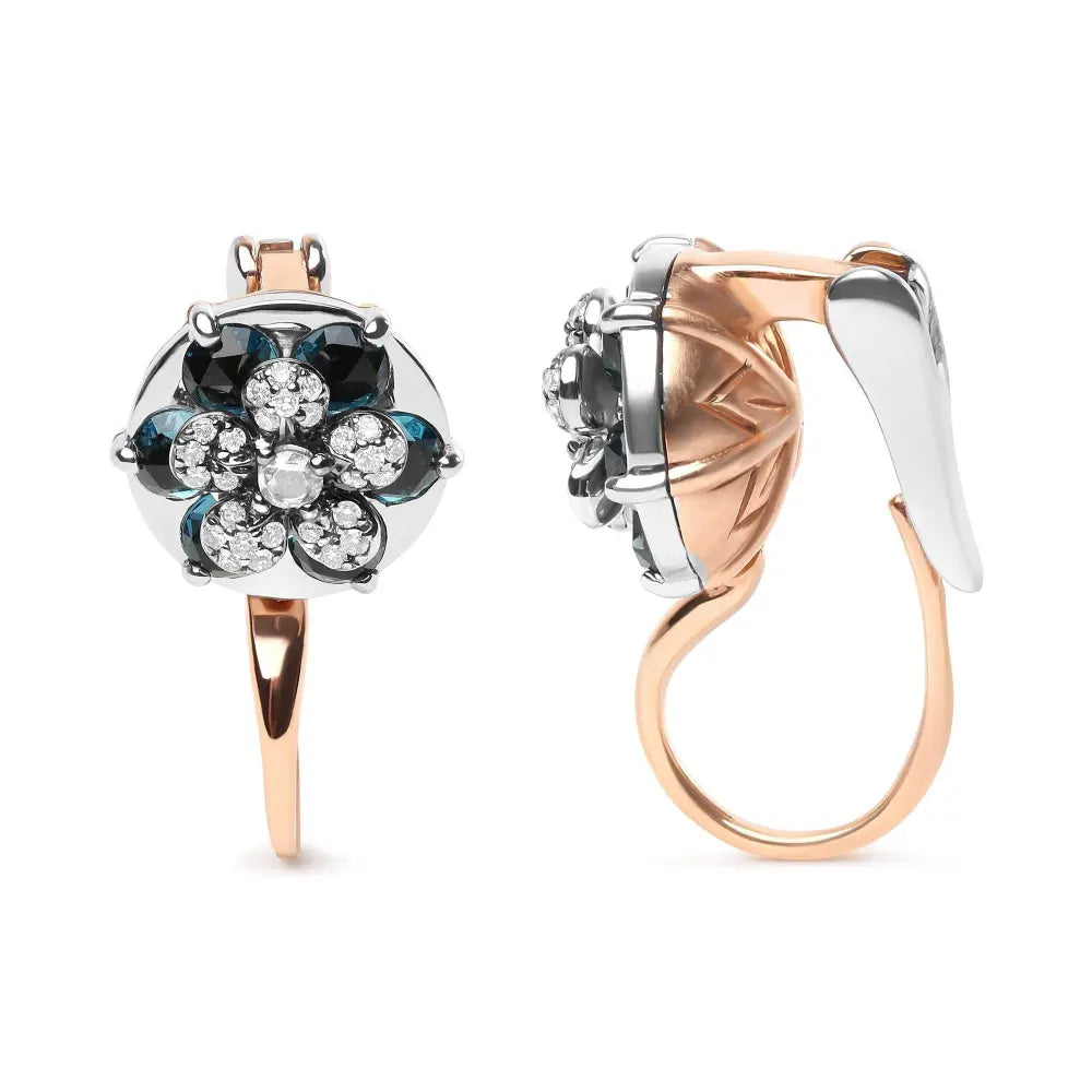18K Rose and White Gold 1/3 Cttw Round Diamonds and Round London Blue Topaz Gemstone Cluster Floral Drop Hoop Earrings (G-H Color, SI1-SI2 Clarity) - Bijoux-NYC Direct
