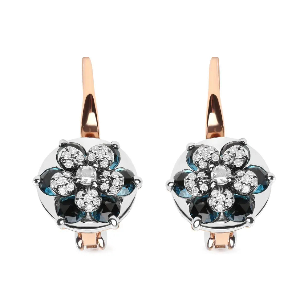 18K Rose and White Gold 1/3 Cttw Round Diamonds and Round London Blue Topaz Gemstone Cluster Floral Drop Hoop Earrings (G-H Color, SI1-SI2 Clarity) - Bijoux-NYC Direct