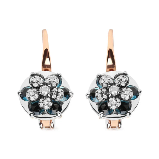 18K Rose and White Gold 1/3 Cttw Round Diamonds and Round London Blue Topaz Gemstone Cluster Floral Drop Hoop Earrings (G-H Color, SI1-SI2 Clarity) - Bijoux-NYC Direct
