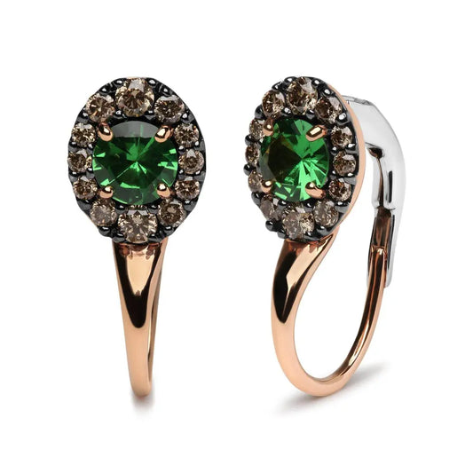18K Rose and White Gold 3/8 Cttw Round Brown Diamonds and Round Green Tsavorite Gemstone Halo Drop Hoop Earrings (Brown Color, SI1-SI2 Clarity) - Bijoux-NYC Direct