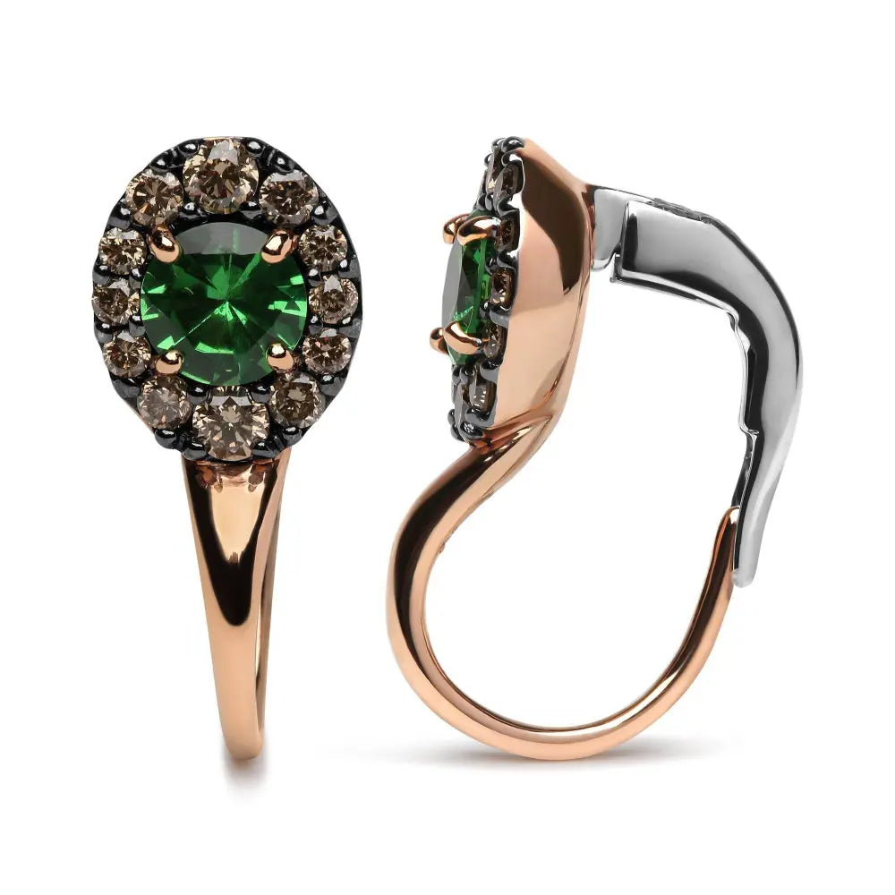 18K Rose and White Gold 3/8 Cttw Round Brown Diamonds and Round Green Tsavorite Gemstone Halo Drop Hoop Earrings (Brown Color, SI1-SI2 Clarity) - Bijoux-NYC Direct