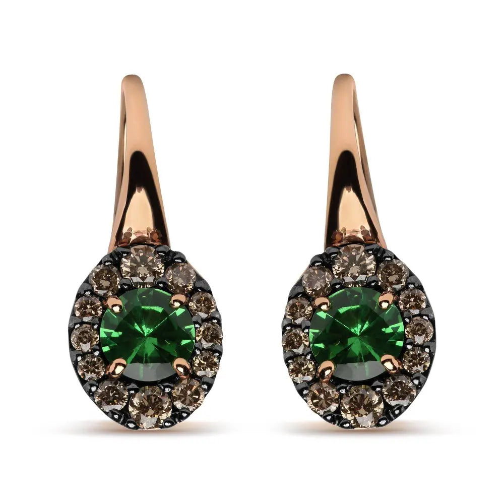 18K Rose and White Gold 3/8 Cttw Round Brown Diamonds and Round Green Tsavorite Gemstone Halo Drop Hoop Earrings (Brown Color, SI1-SI2 Clarity) - Bijoux-NYC Direct