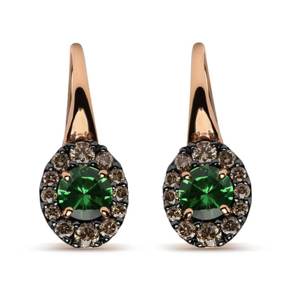 18K Rose and White Gold 3/8 Cttw Round Brown Diamonds and Round Green Tsavorite Gemstone Halo Drop Hoop Earrings (Brown Color, SI1-SI2 Clarity) - Bijoux-NYC Direct
