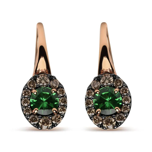 18K Rose and White Gold 3/8 Cttw Round Brown Diamonds and Round Green Tsavorite Gemstone Halo Drop Hoop Earrings (Brown Color, SI1-SI2 Clarity) - Bijoux-NYC Direct