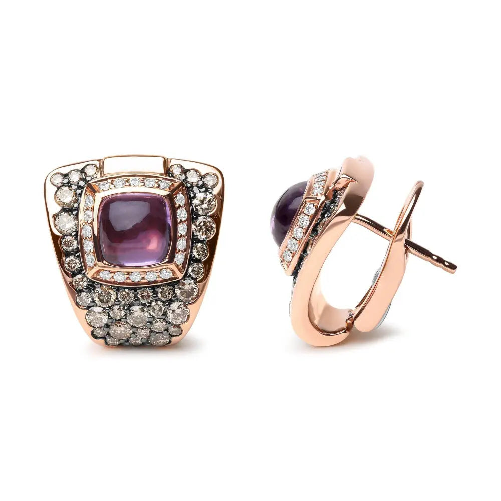 18K Rose Gold 1 1/2 Cttw Round Diamond and 7mm Cushion Cut Purple Amethyst Gemstone Geometrical Statement Stud Earrings (Brown and G-H Color, SI1-SI2 Clarity) - Bijoux-NYC Direct