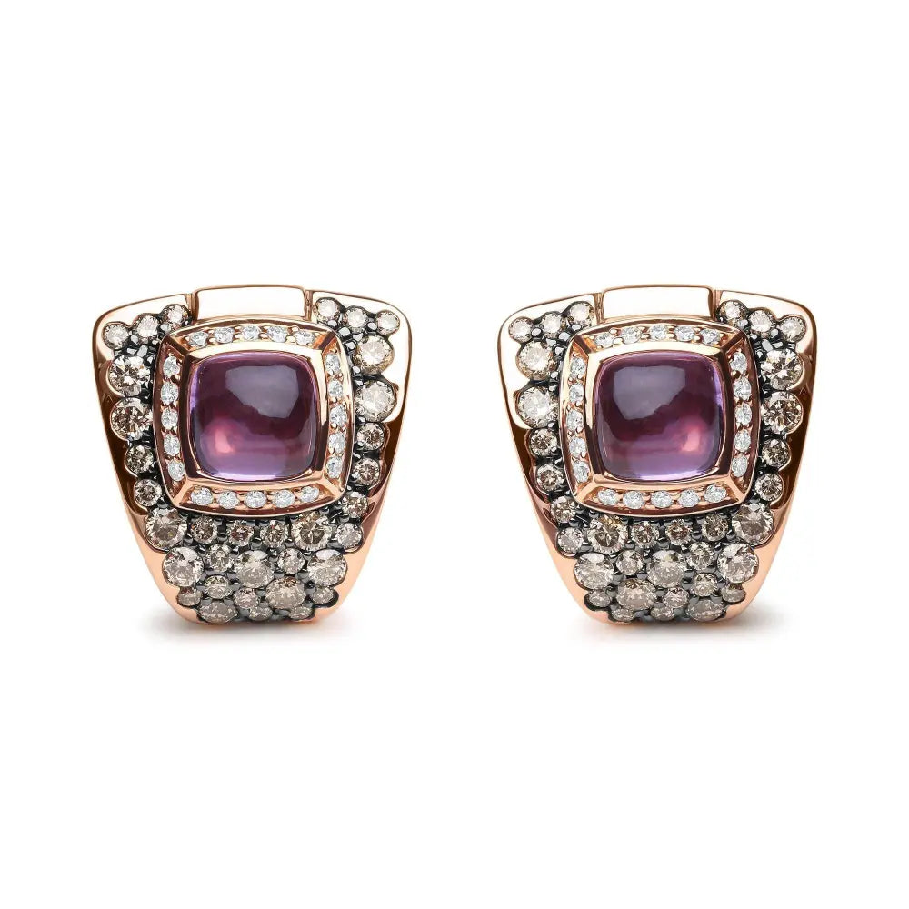 18K Rose Gold 1 1/2 Cttw Round Diamond and 7mm Cushion Cut Purple Amethyst Gemstone Geometrical Statement Stud Earrings (Brown and G-H Color, SI1-SI2 Clarity) - Bijoux-NYC Direct