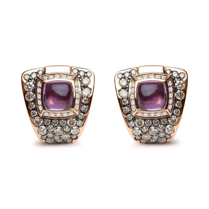 18K Rose Gold 1 1/2 Cttw Round Diamond and 7mm Cushion Cut Purple Amethyst Gemstone Geometrical Statement Stud Earrings (Brown and G-H Color, SI1-SI2 Clarity) - Bijoux-NYC Direct