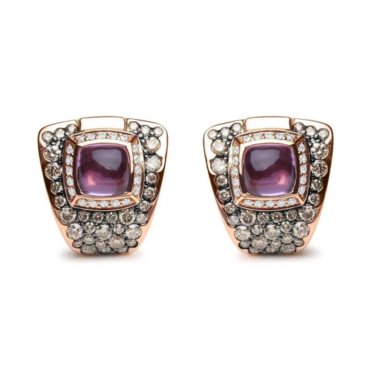 18K Rose Gold 1 1/2 Cttw Round Diamond and 7mm Cushion Cut Purple Amethyst Gemstone Geometrical Statement Stud Earrings (Brown and G-H Color, SI1-SI2 Clarity) - Bijoux-NYC Direct
