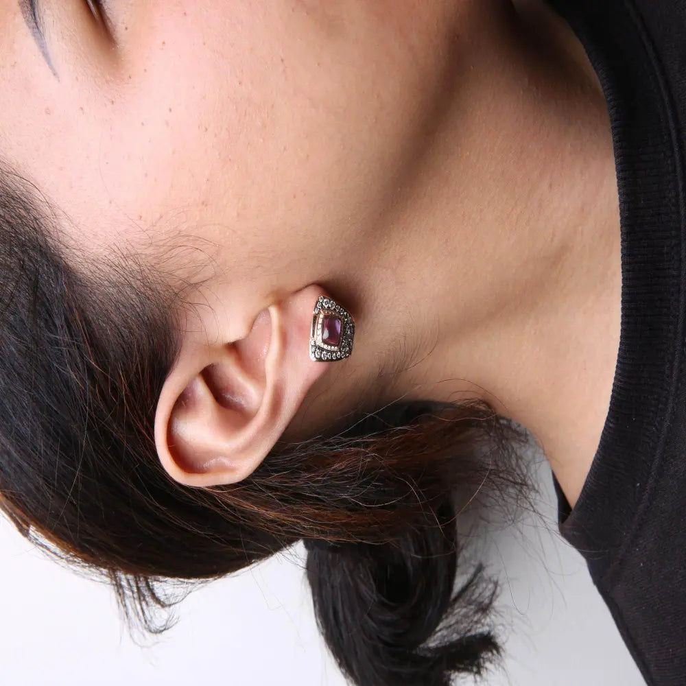 18K Rose Gold 1 1/2 Cttw Round Diamond and 7mm Cushion Cut Purple Amethyst Gemstone Geometrical Statement Stud Earrings (Brown and G-H Color, SI1-SI2 Clarity) - Bijoux-NYC Direct