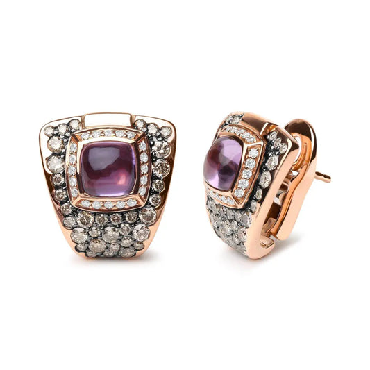 18K Rose Gold 1 1/2 Cttw Round Diamond and 7mm Cushion Cut Purple Amethyst Gemstone Geometrical Statement Stud Earrings (Brown and G-H Color, SI1-SI2 Clarity) - Bijoux-NYC Direct