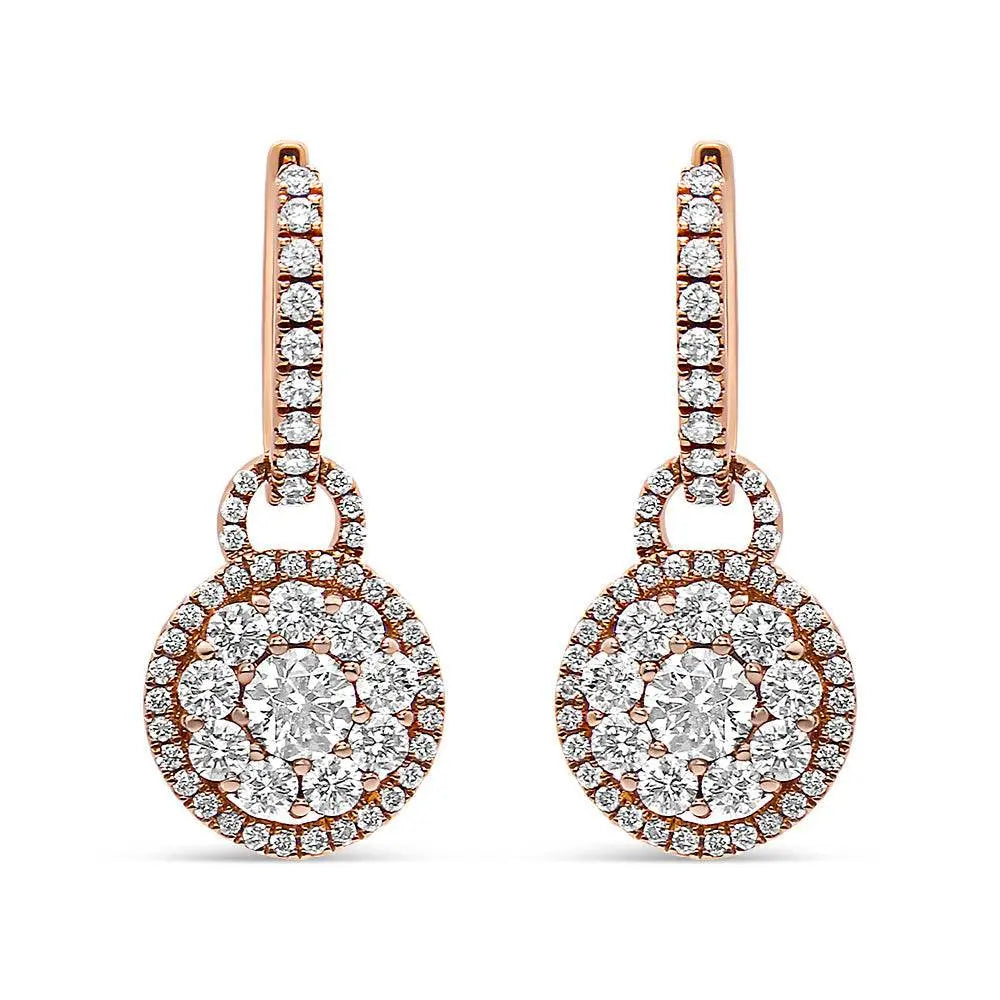 18K Rose Gold 1 1/2 Cttw Round Shaped Diamond Composite Drop and Dangle Leverback Earrings (F-G Color, VS1-VS2 Clarity) - Bijoux-NYC Direct
