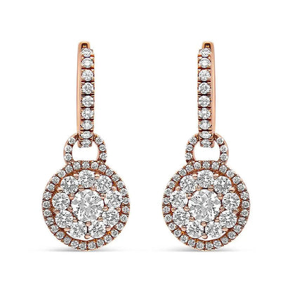 18K Rose Gold 1 1/2 Cttw Round Shaped Diamond Composite Drop and Dangle Leverback Earrings (F-G Color, VS1-VS2 Clarity) - Bijoux-NYC Direct