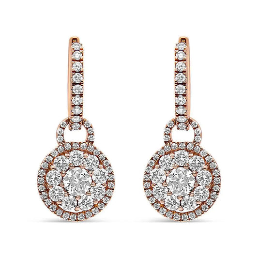 18K Rose Gold 1 1/2 Cttw Round Shaped Diamond Composite Drop and Dangle Leverback Earrings (F-G Color, VS1-VS2 Clarity) - Bijoux-NYC Direct