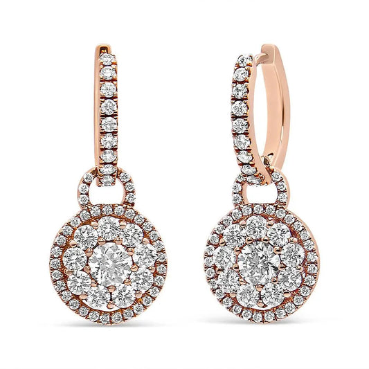 18K Rose Gold 1 1/2 Cttw Round Shaped Diamond Composite Drop and Dangle Leverback Earrings (F-G Color, VS1-VS2 Clarity) - Bijoux-NYC Direct